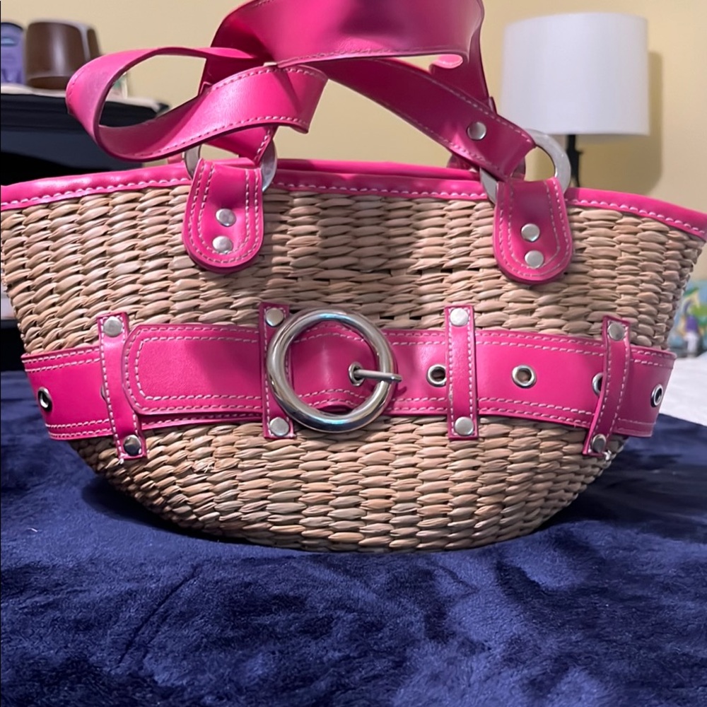 Pink and Tan Woven Tote with Silver Buckle